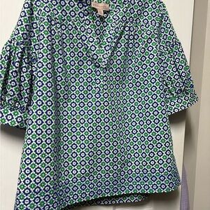 Philosophy Blue and Green Patterned elbow length top. Practically new.
